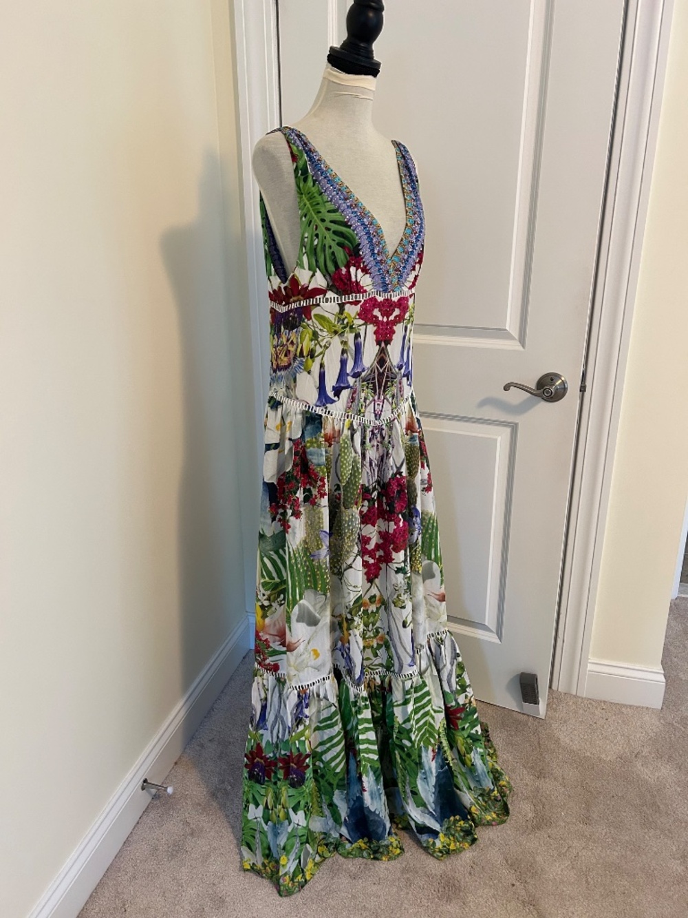 Camilla Tiered Gathered Dress in Exotic Hypnotic silk tropical floral crystal - Picture 5 of 15
